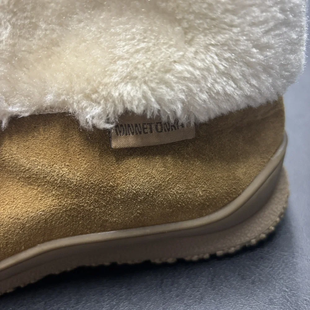 Minnetonka Leather Boots 85201‎ Tan Brown Faux Fur Size 8 Winter Water Resistant